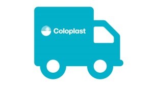 Ikon med lastbil og Coloplast logo.